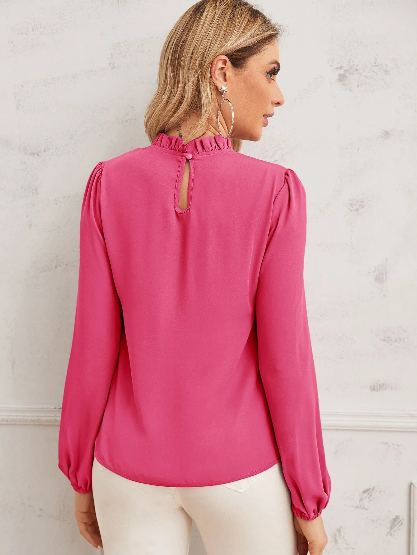 Pearl Beaded Frilled Neckline Lantern Sleeve Top