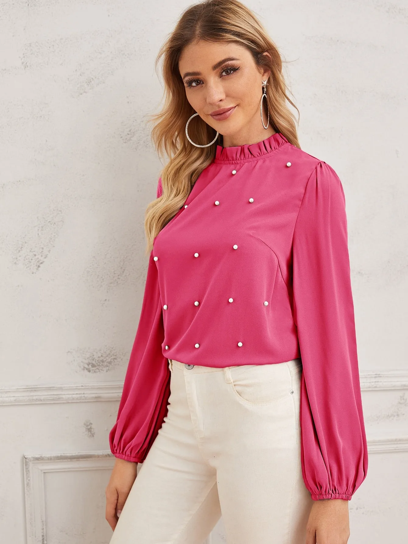 Pearl Beaded Frilled Neckline Lantern Sleeve Top
