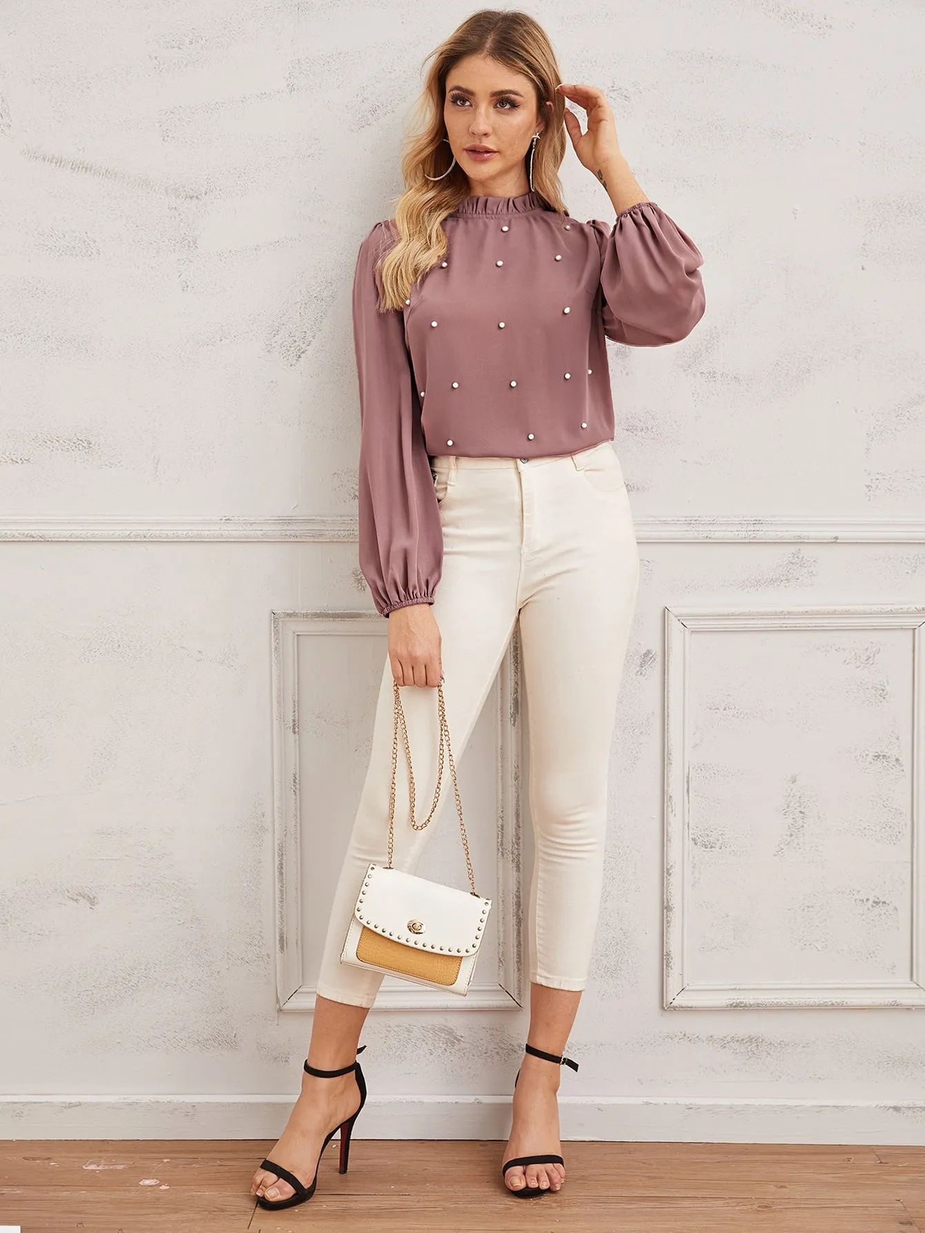 Pearl Beaded Frilled Neckline Lantern Sleeve Top