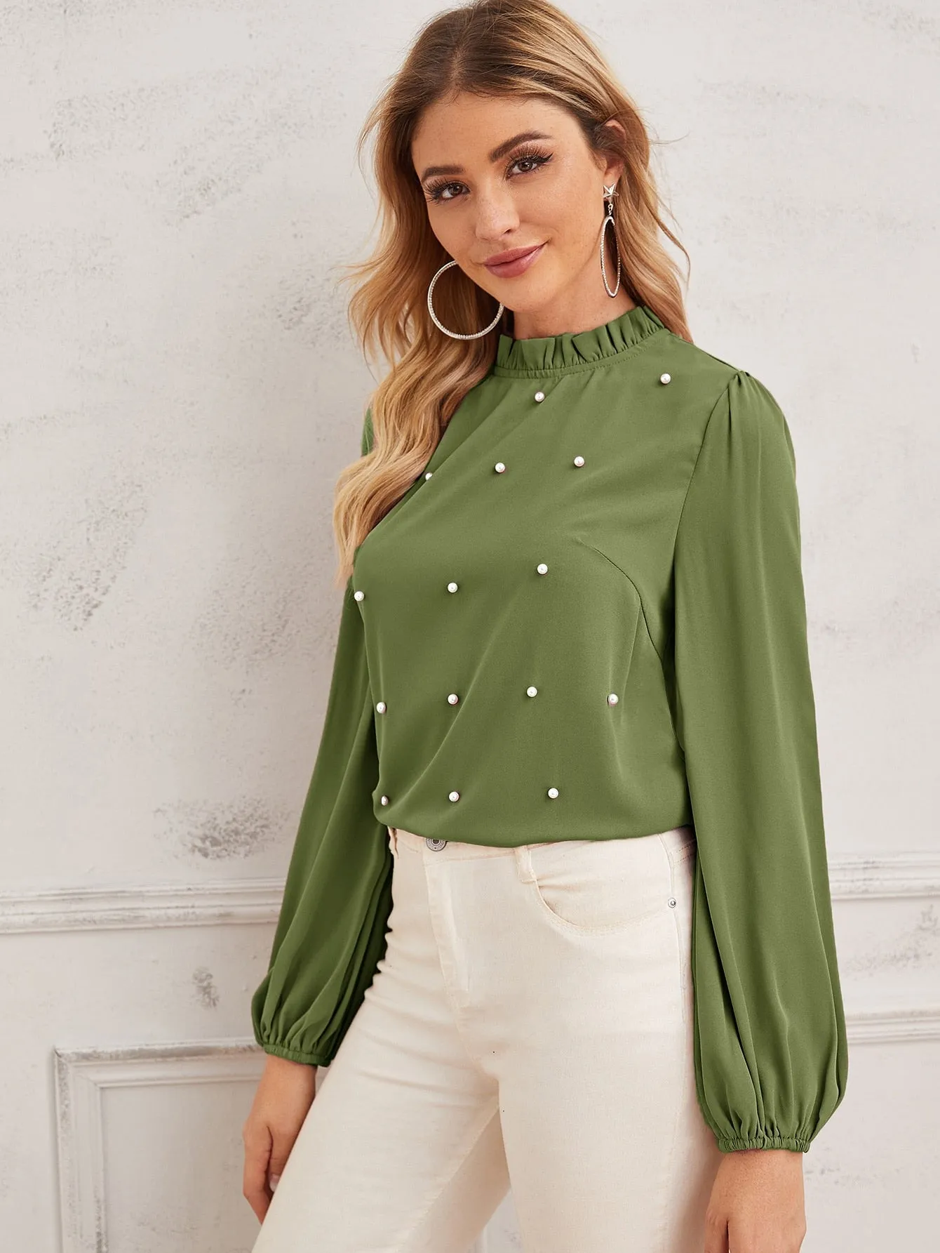 Pearl Beaded Frilled Neckline Lantern Sleeve Top