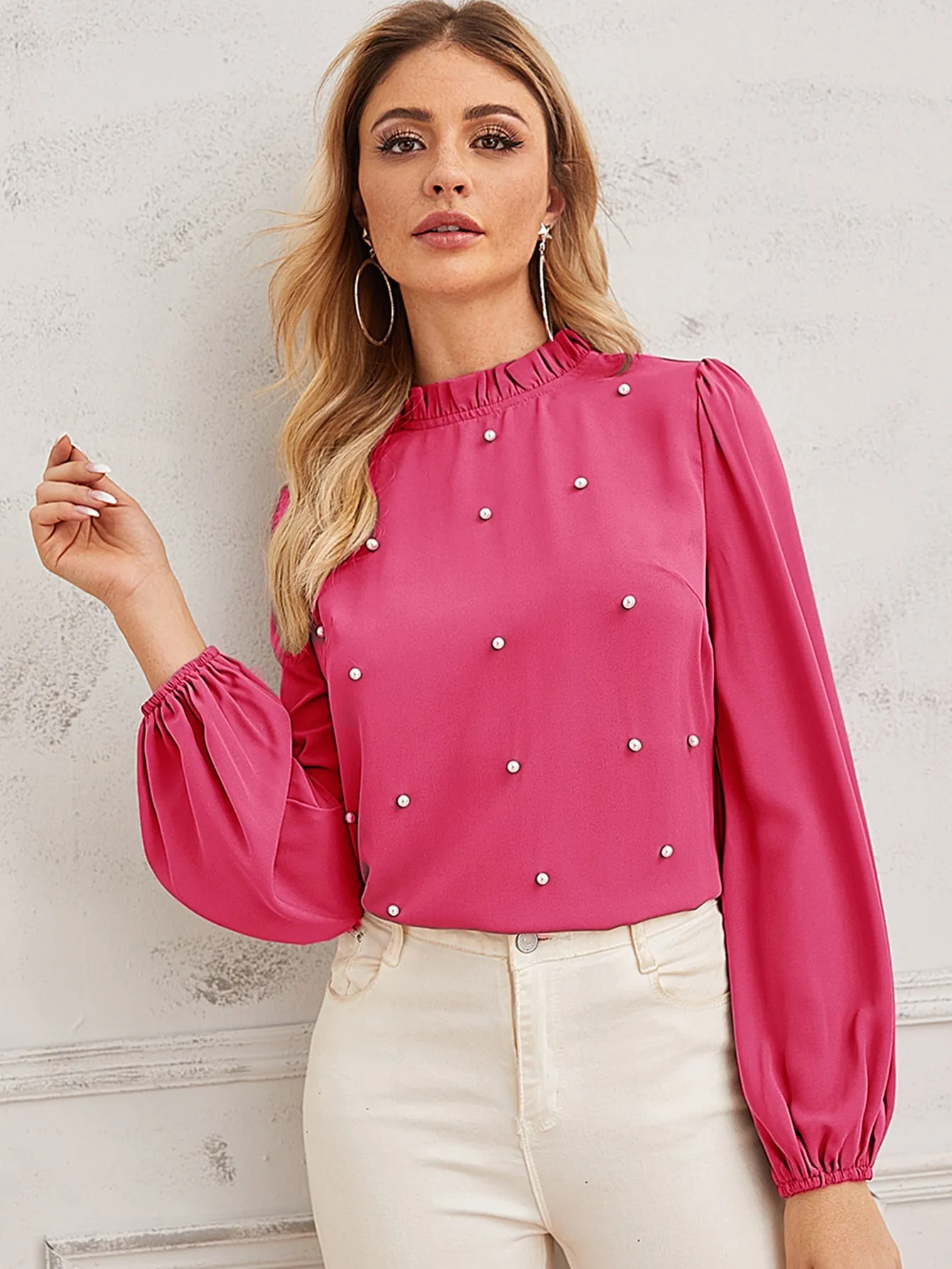 Pearl Beaded Frilled Neckline Lantern Sleeve Top