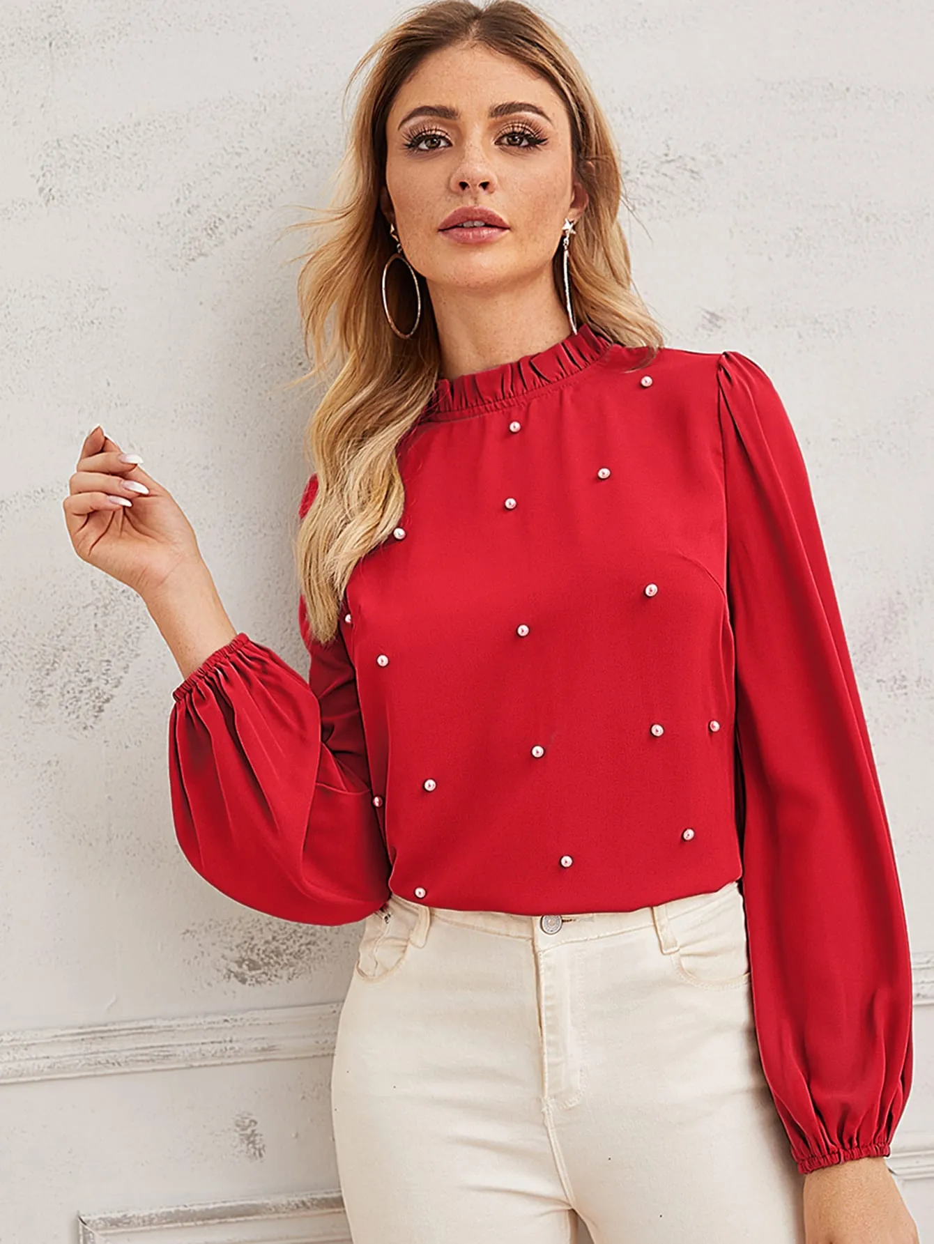Pearl Beaded Frilled Neckline Lantern Sleeve Top