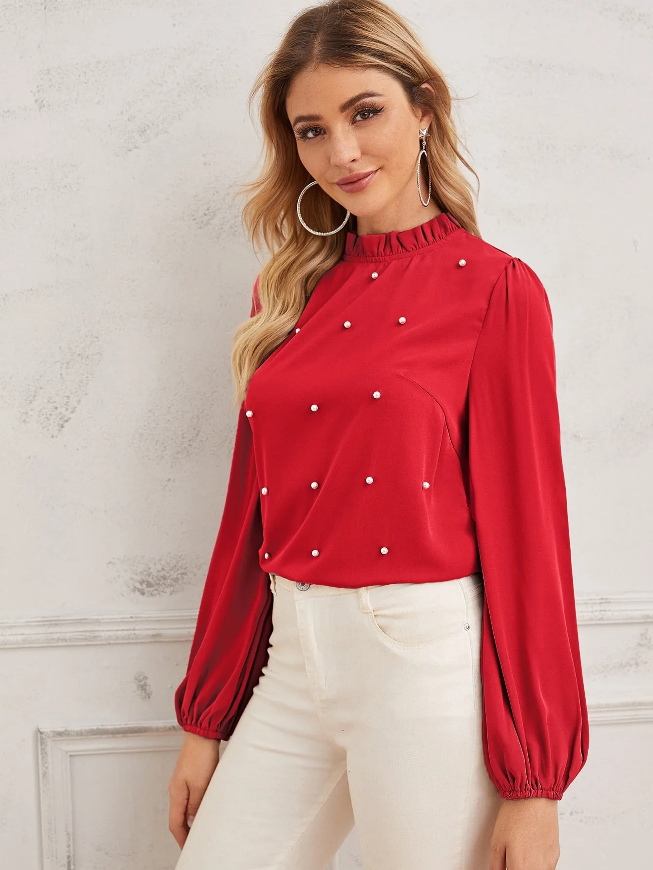 Pearl Beaded Frilled Neckline Lantern Sleeve Top