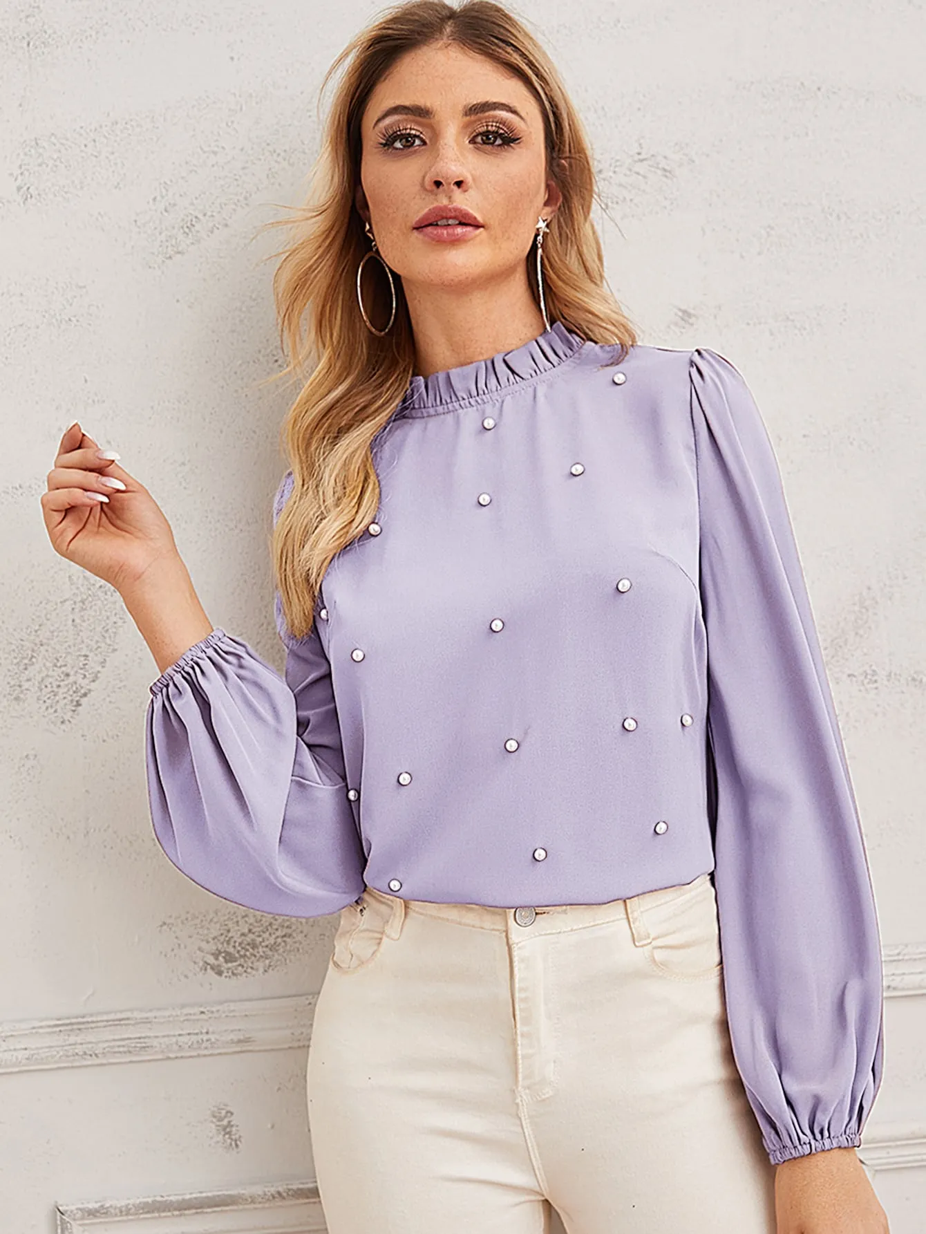 Pearl Beaded Frilled Neckline Lantern Sleeve Top