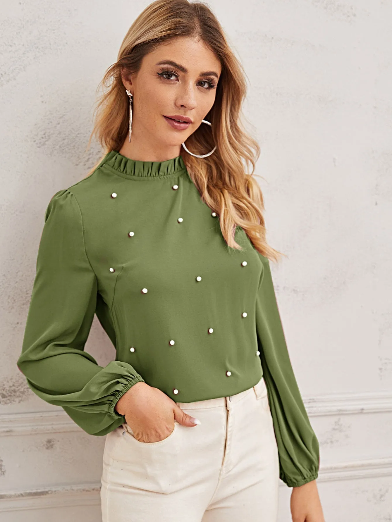 Pearl Beaded Frilled Neckline Lantern Sleeve Top