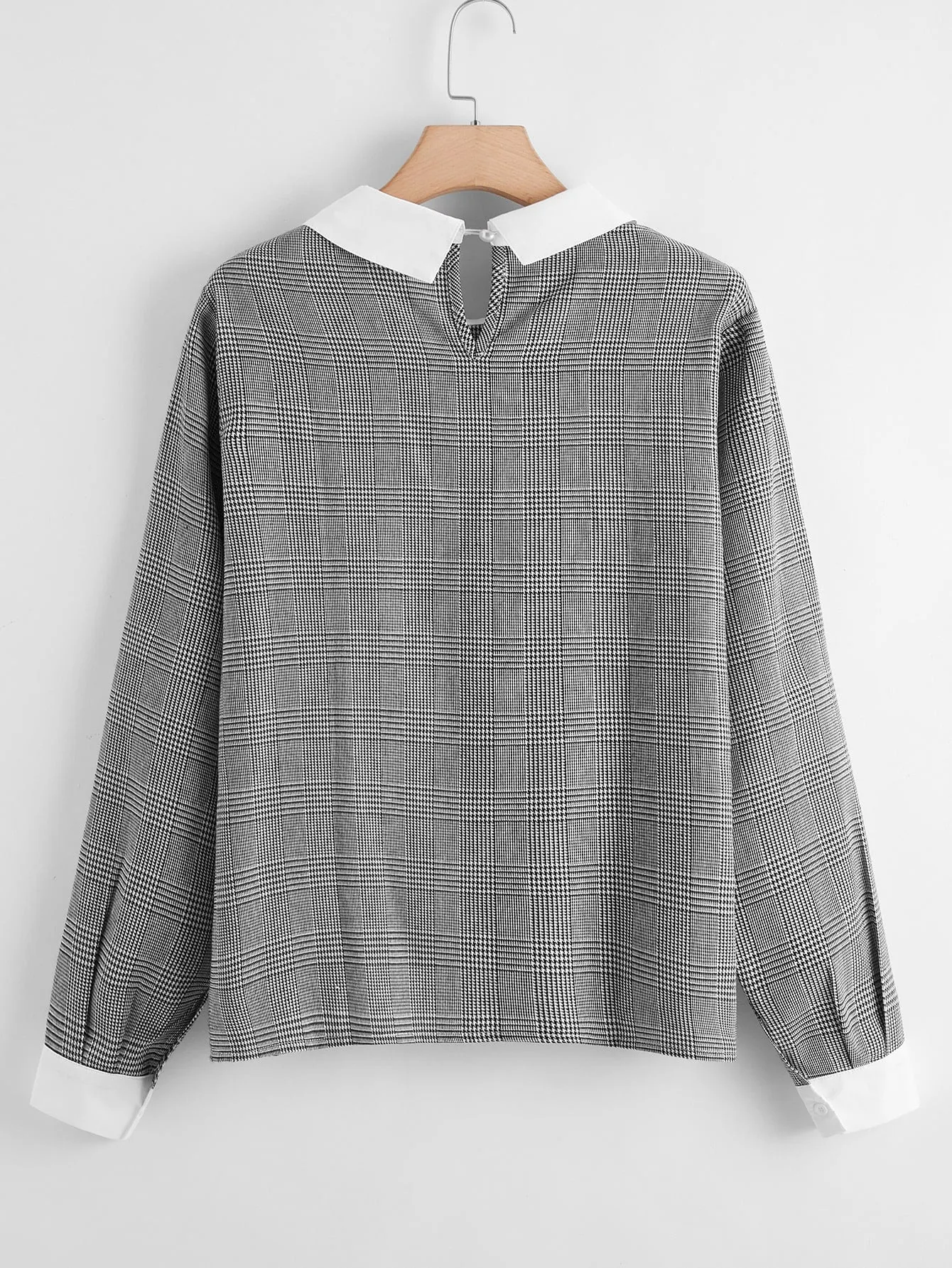 Plaid Contrast Collar Long Sleeve Collar Regular Plus Size Blouse