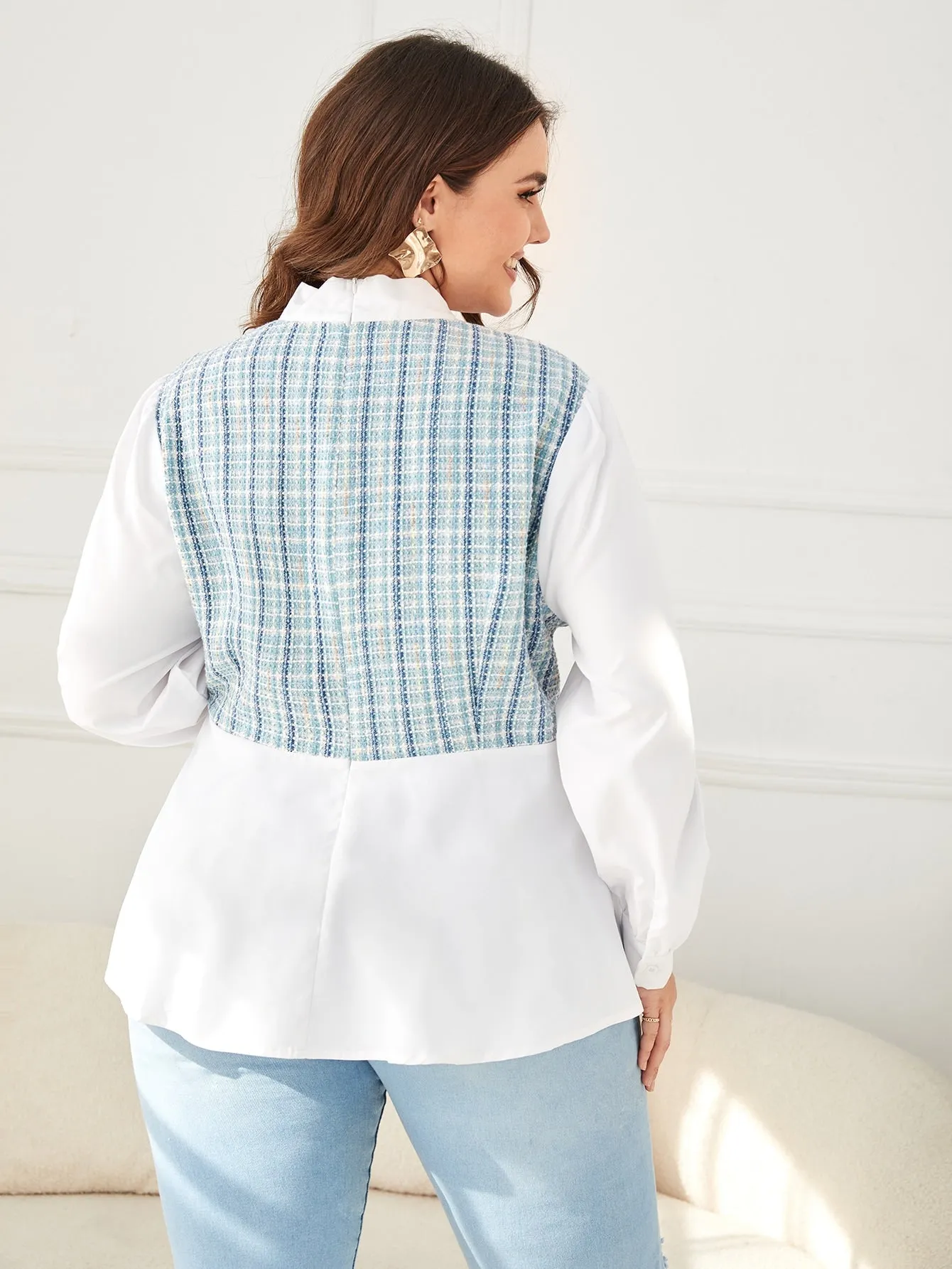 Plaid Ruffle Hem Long Sleeve Tie Neck Flared Regular Plus Size Blouse