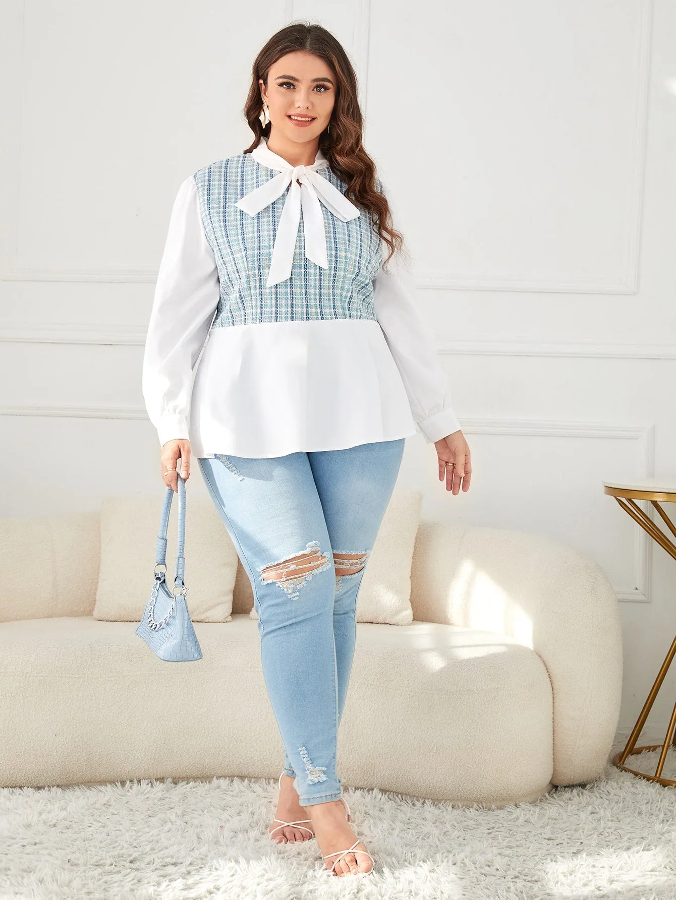 Plaid Ruffle Hem Long Sleeve Tie Neck Flared Regular Plus Size Blouse