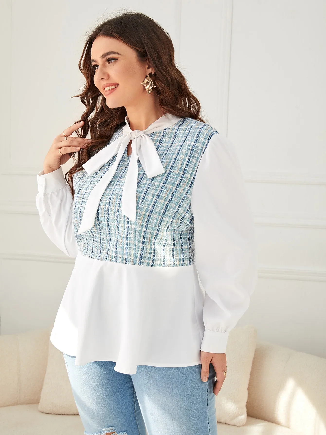 Plaid Ruffle Hem Long Sleeve Tie Neck Flared Regular Plus Size Blouse