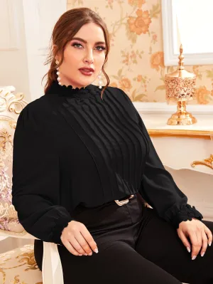Plain Contrast Lace Long Sleeve Stand Collar Regular Plus Size Blouse