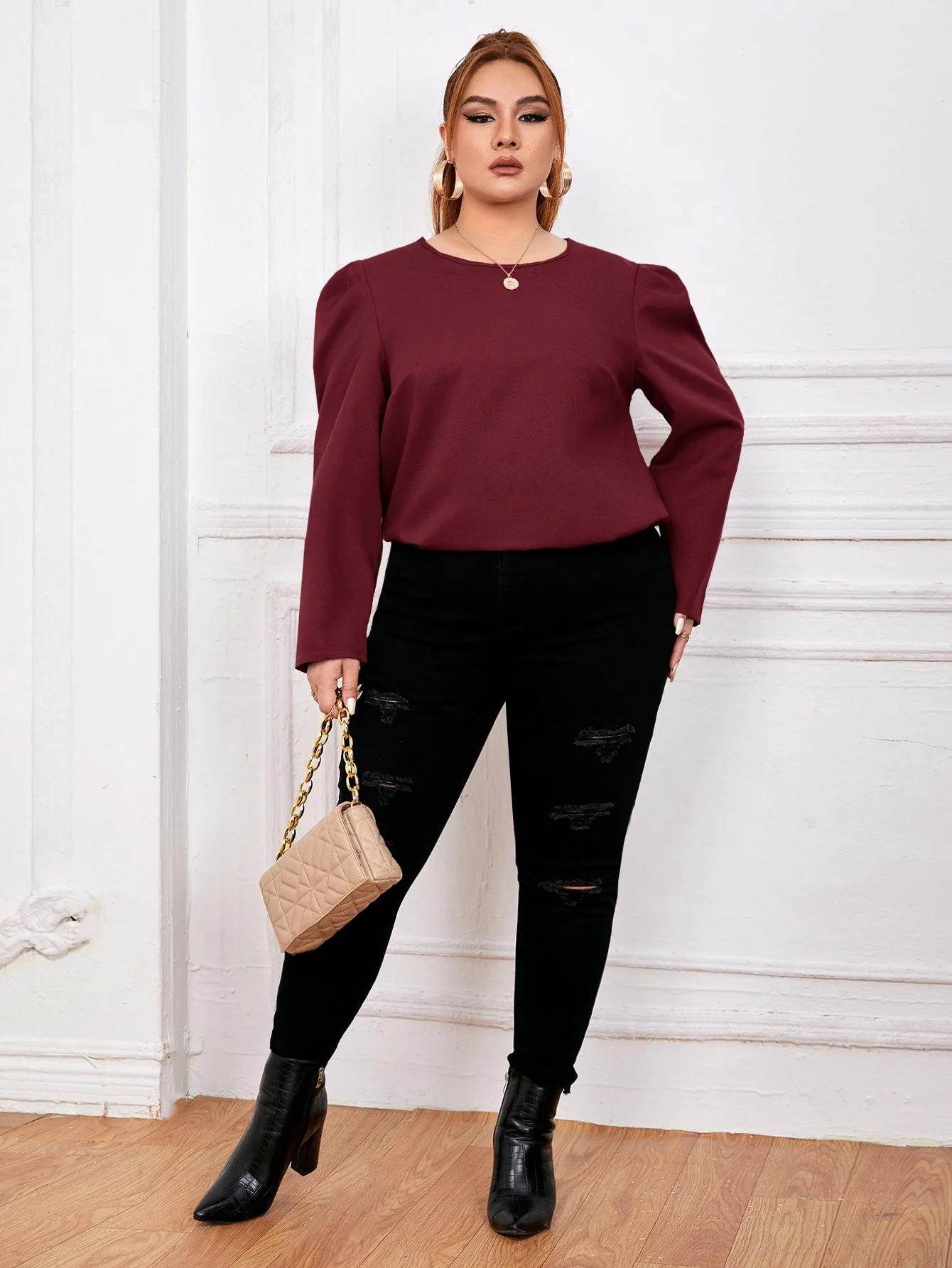 Plain Tie Back Long Sleeve Round Neck Regular Plus Size Blouse