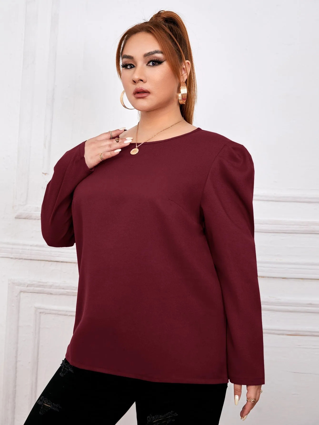 Plain Tie Back Long Sleeve Round Neck Regular Plus Size Blouse