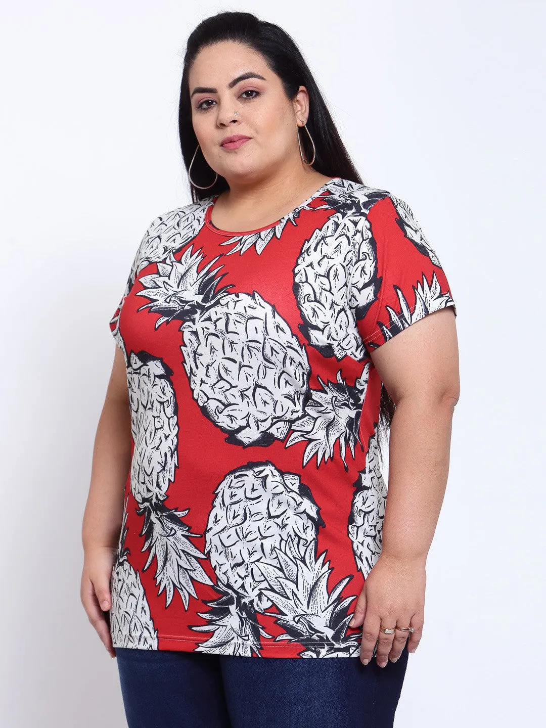 plusS Women Red Floral Printed Mandarin Collar Tropical T-shirt