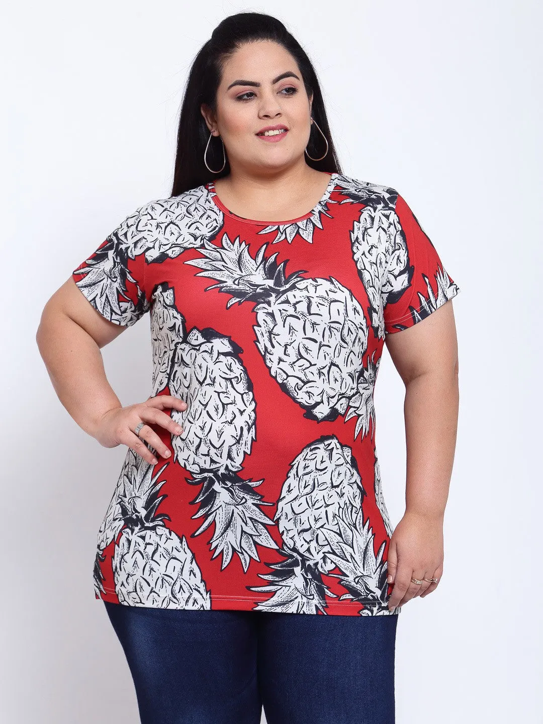 plusS Women Red Floral Printed Mandarin Collar Tropical T-shirt