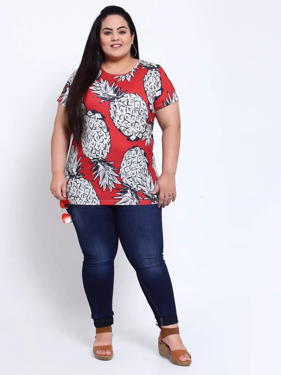 plusS Women Red Floral Printed Mandarin Collar Tropical T-shirt