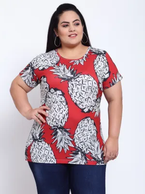 plusS Women Red Floral Printed Mandarin Collar Tropical T-shirt