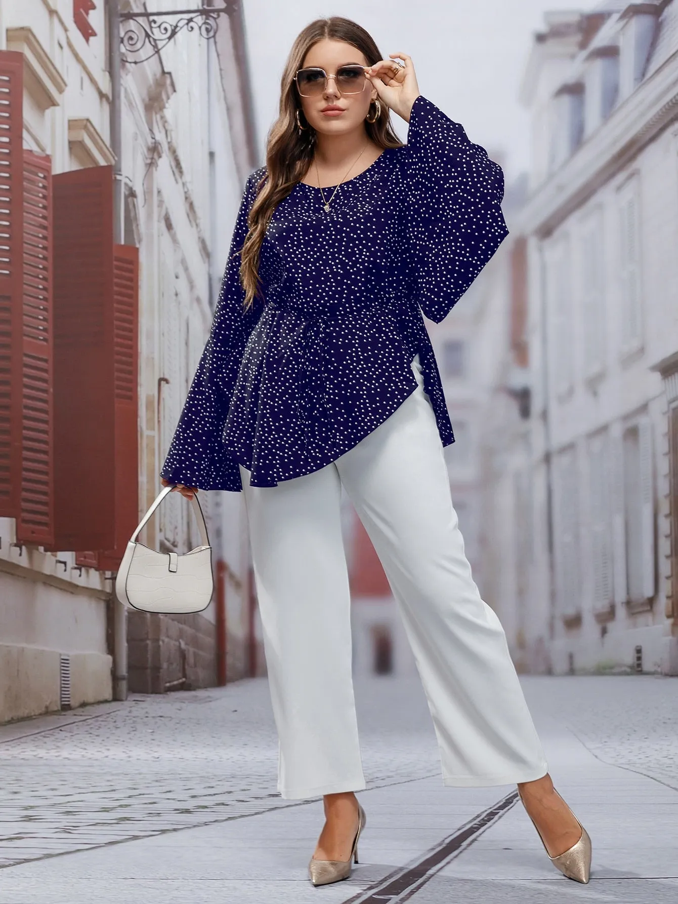 Polka Dot Ruffle Long Sleeve Round Neck Flared Long Plus Size Blouse