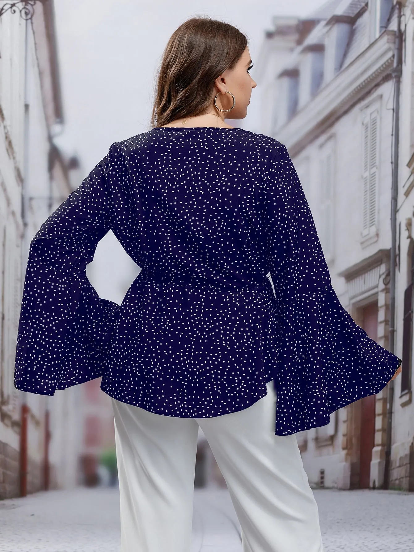 Polka Dot Ruffle Long Sleeve Round Neck Flared Long Plus Size Blouse