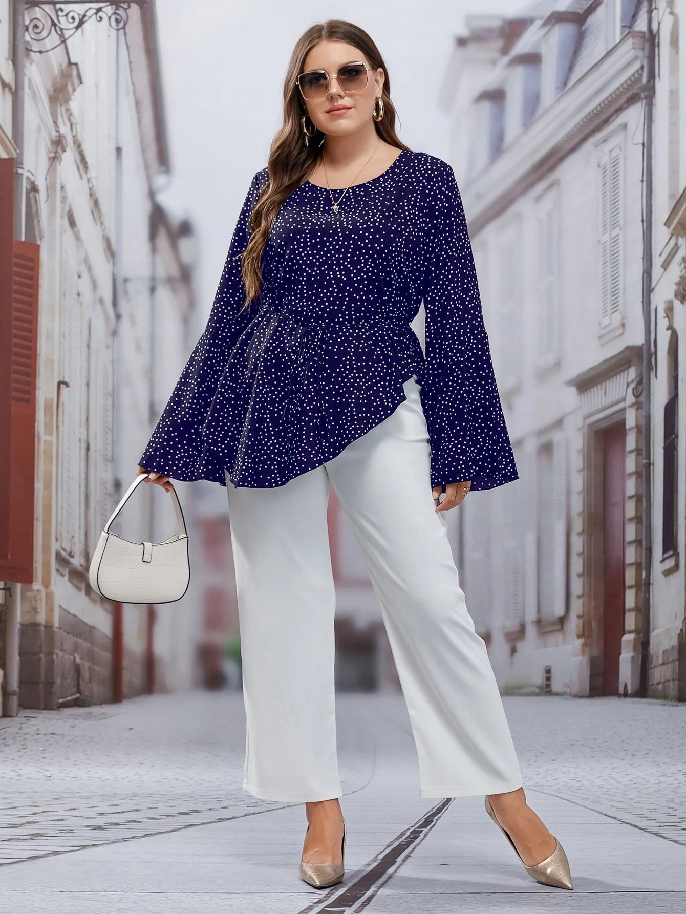 Polka Dot Ruffle Long Sleeve Round Neck Flared Long Plus Size Blouse