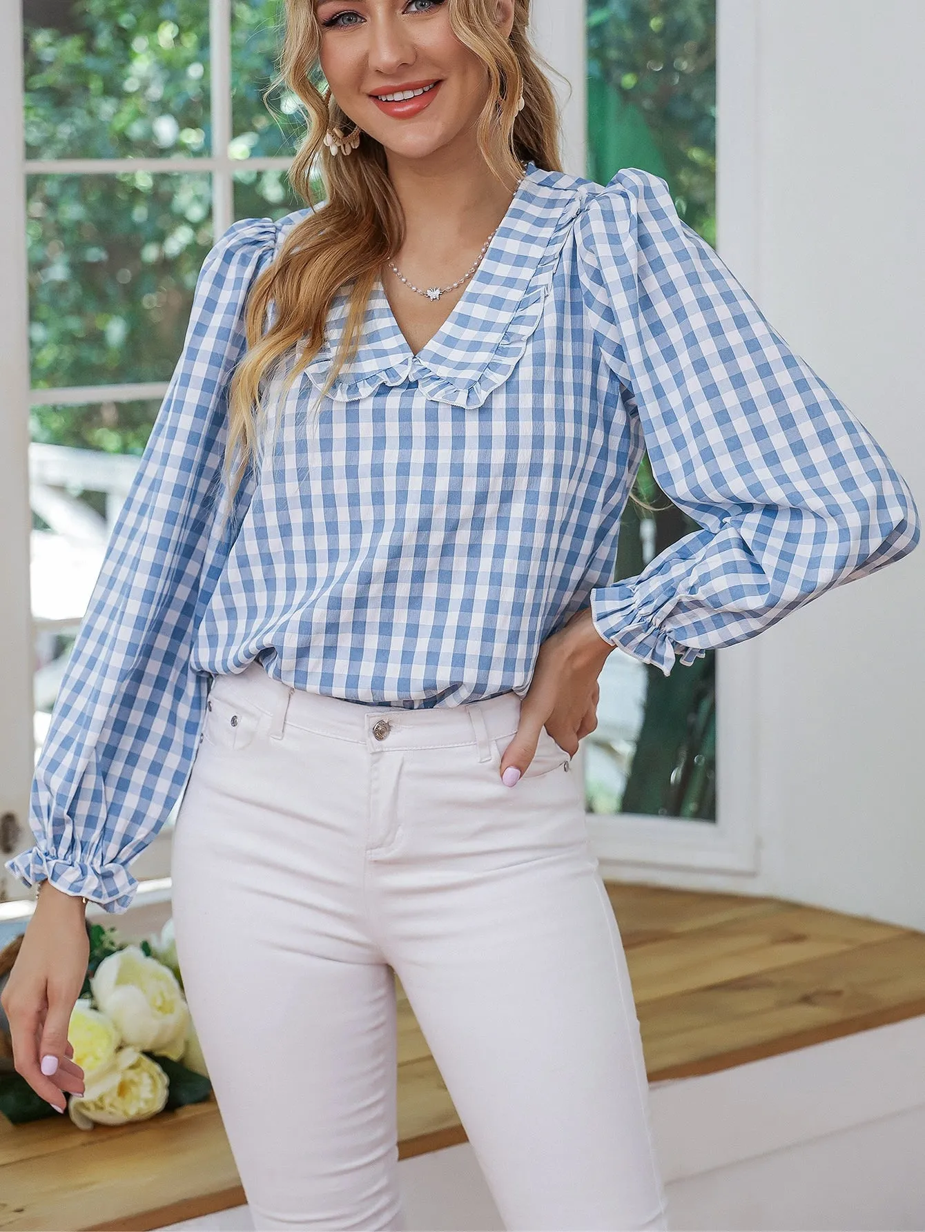Preppy Gingham Frill Long Sleeve Peter Pan Collar Regular Blouse