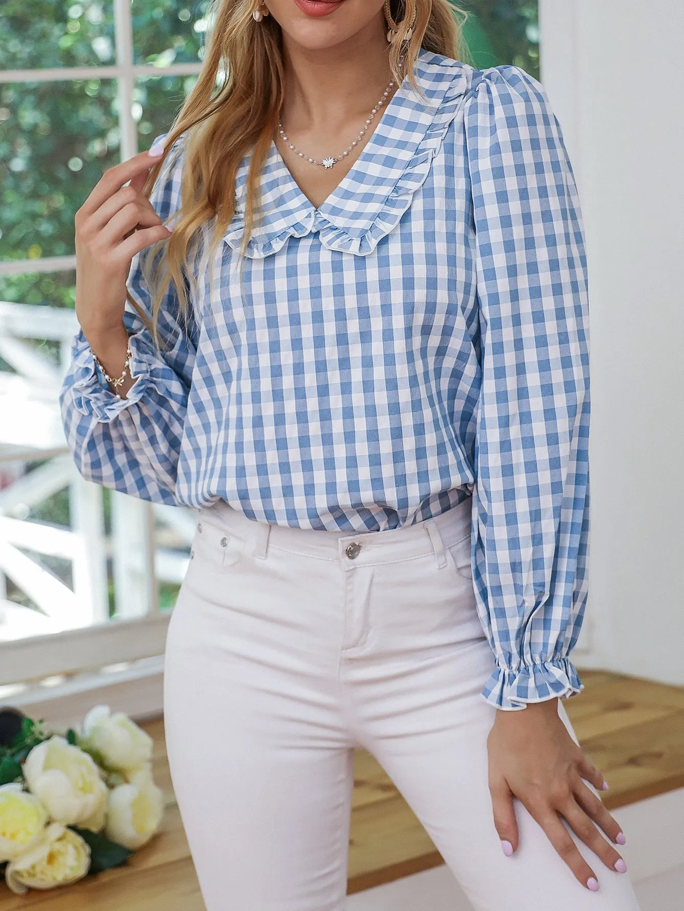 Preppy Gingham Frill Long Sleeve Peter Pan Collar Regular Blouse