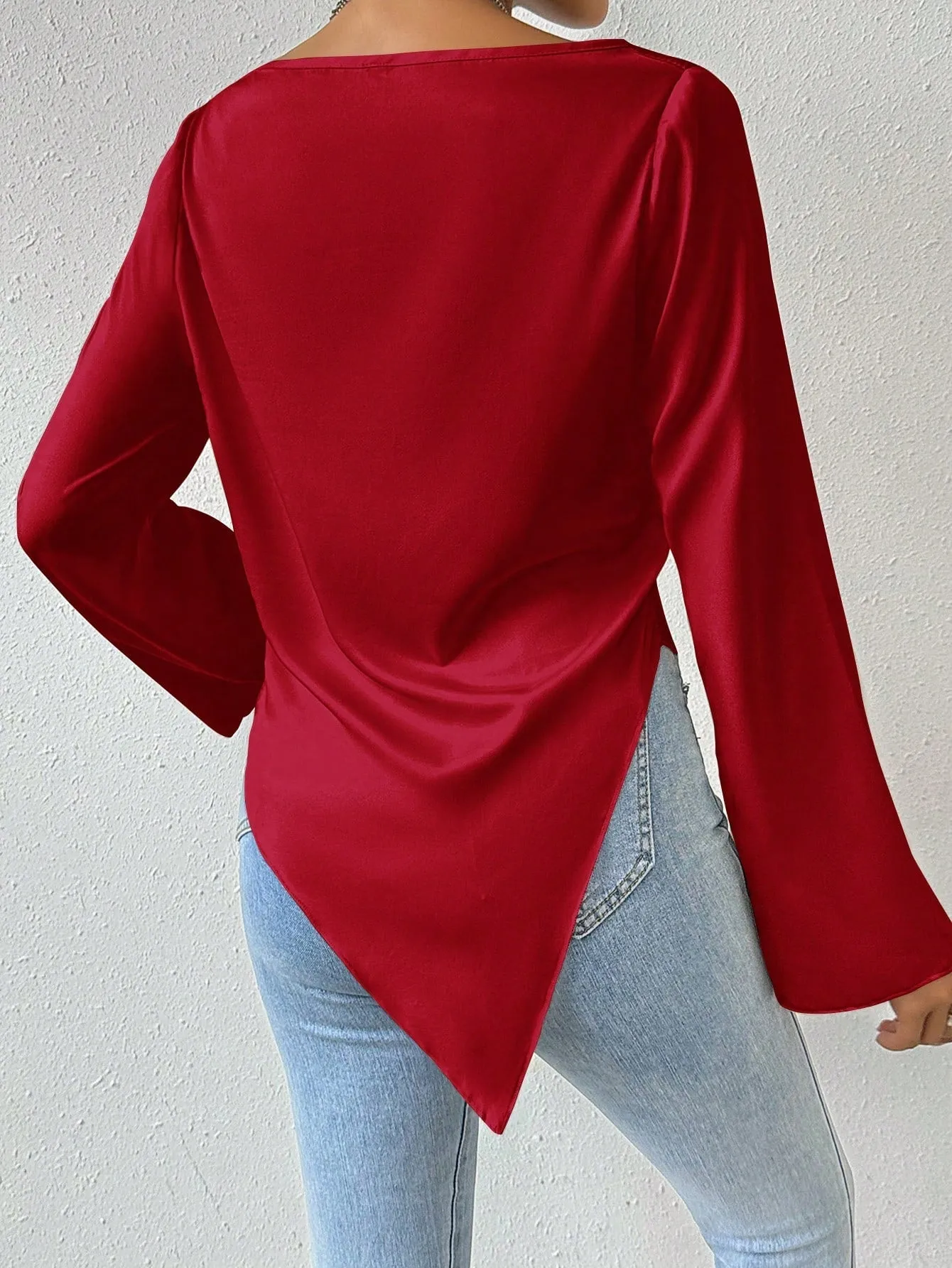Privé Drape Collar Asymmetric Hem Blouse With Flare Sleeves