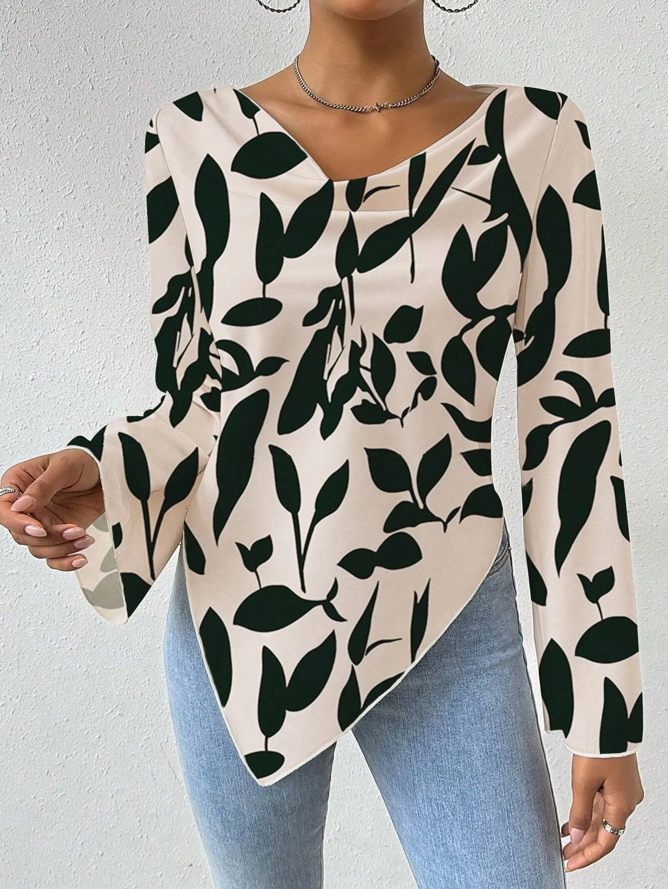 Privé Drape Collar Asymmetric Hem Blouse With Flare Sleeves