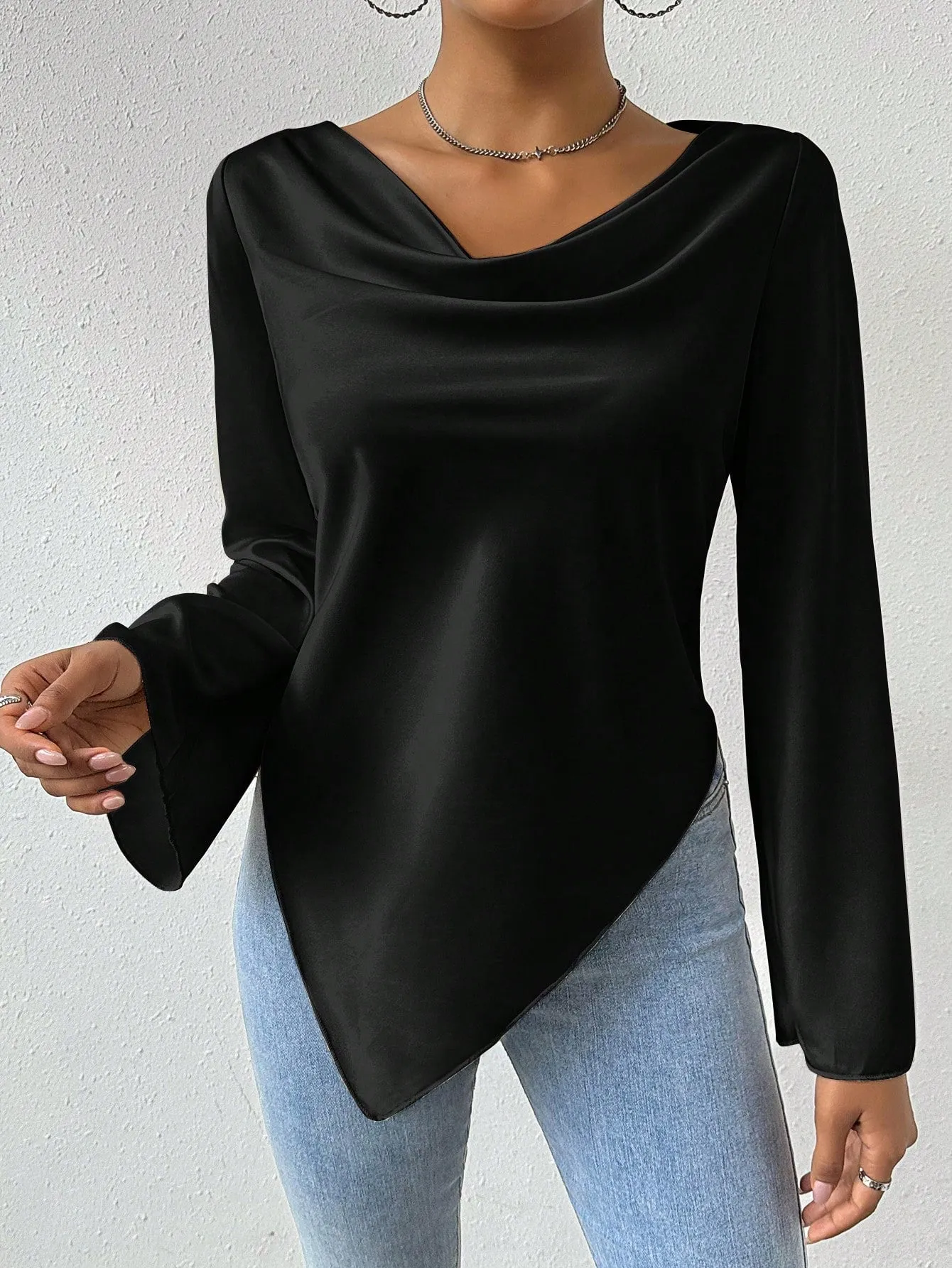 Privé Drape Collar Asymmetric Hem Blouse With Flare Sleeves