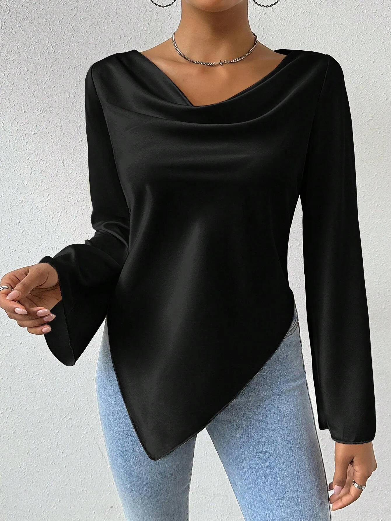 Privé Drape Collar Asymmetric Hem Blouse With Flare Sleeves