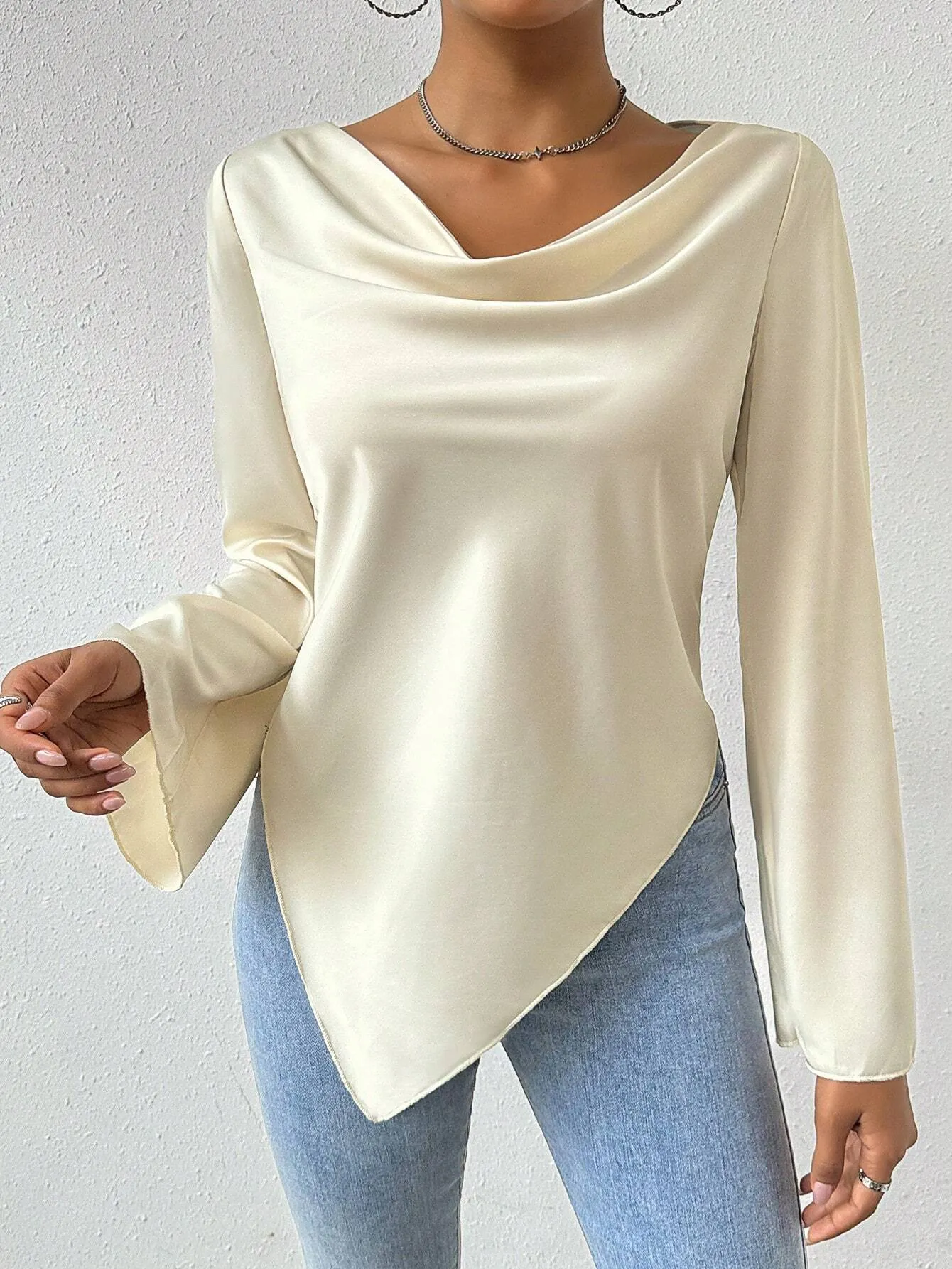 Privé Drape Collar Asymmetric Hem Blouse With Flare Sleeves
