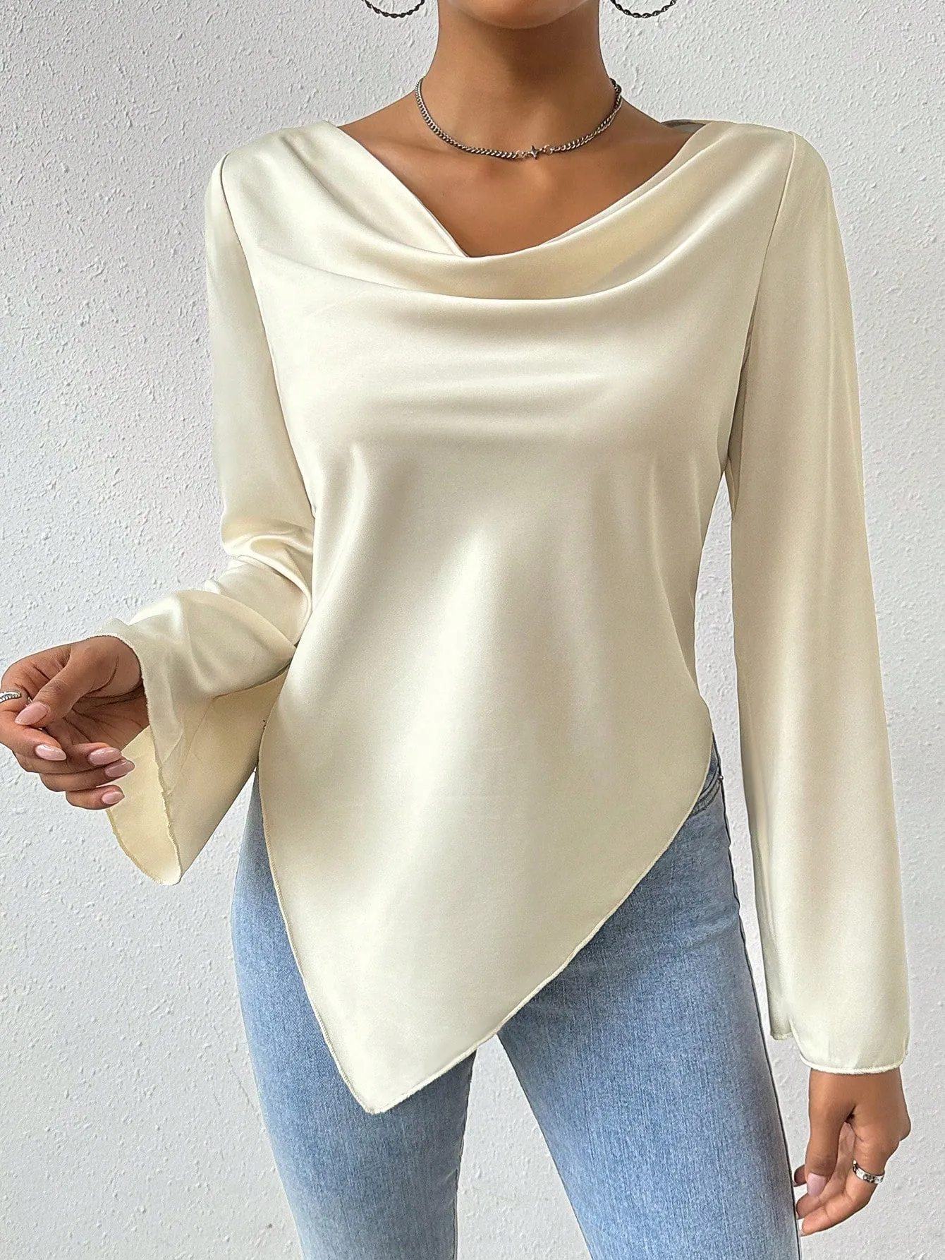 Privé Drape Collar Asymmetric Hem Blouse With Flare Sleeves