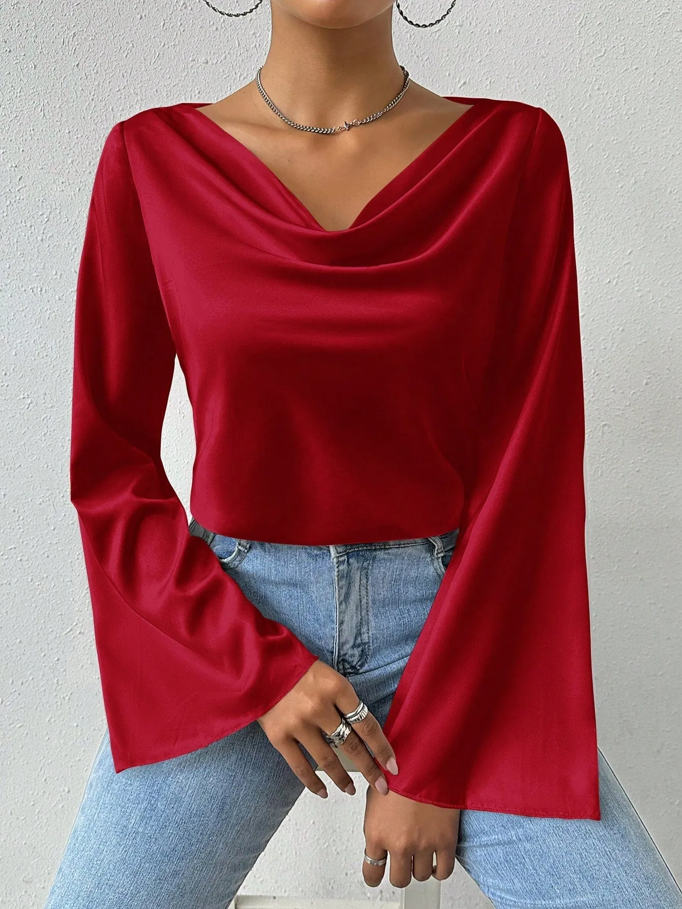 Privé Drape Collar Asymmetric Hem Blouse With Flare Sleeves
