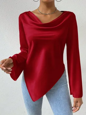 Privé Drape Collar Asymmetric Hem Blouse With Flare Sleeves