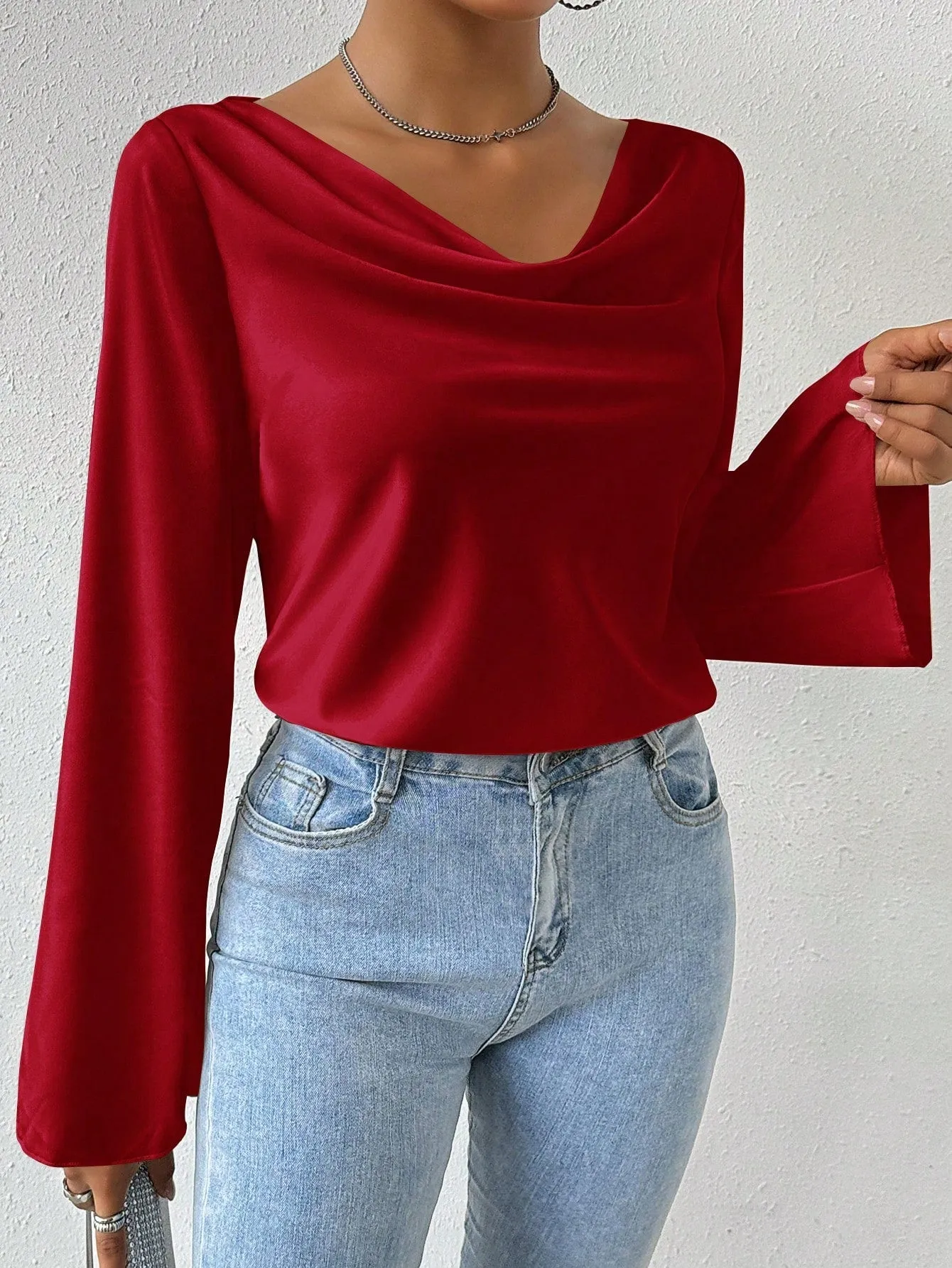 Privé Drape Collar Asymmetric Hem Blouse With Flare Sleeves