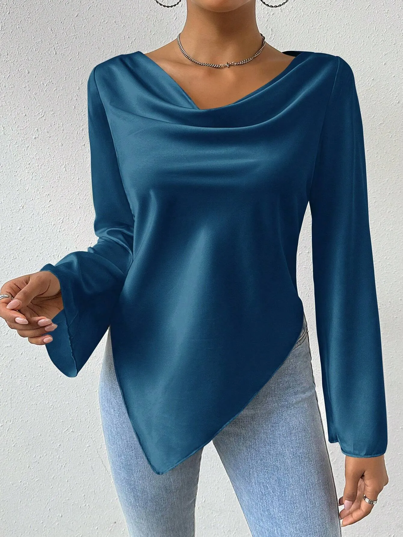 Privé Drape Collar Asymmetric Hem Blouse With Flare Sleeves