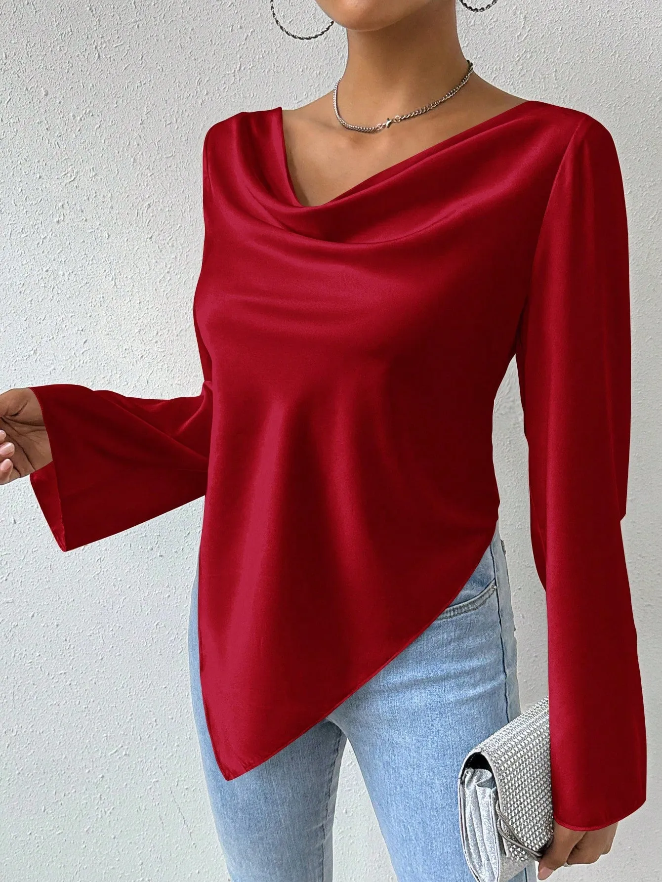 Privé Drape Collar Asymmetric Hem Blouse With Flare Sleeves