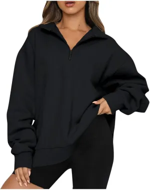 Quarter Zip Sweatshirt Women Oversized Zip Up Hoodie 1/4 Zip Fleece Pullover Long Sleeve Sweater Preppy Sweatshirts