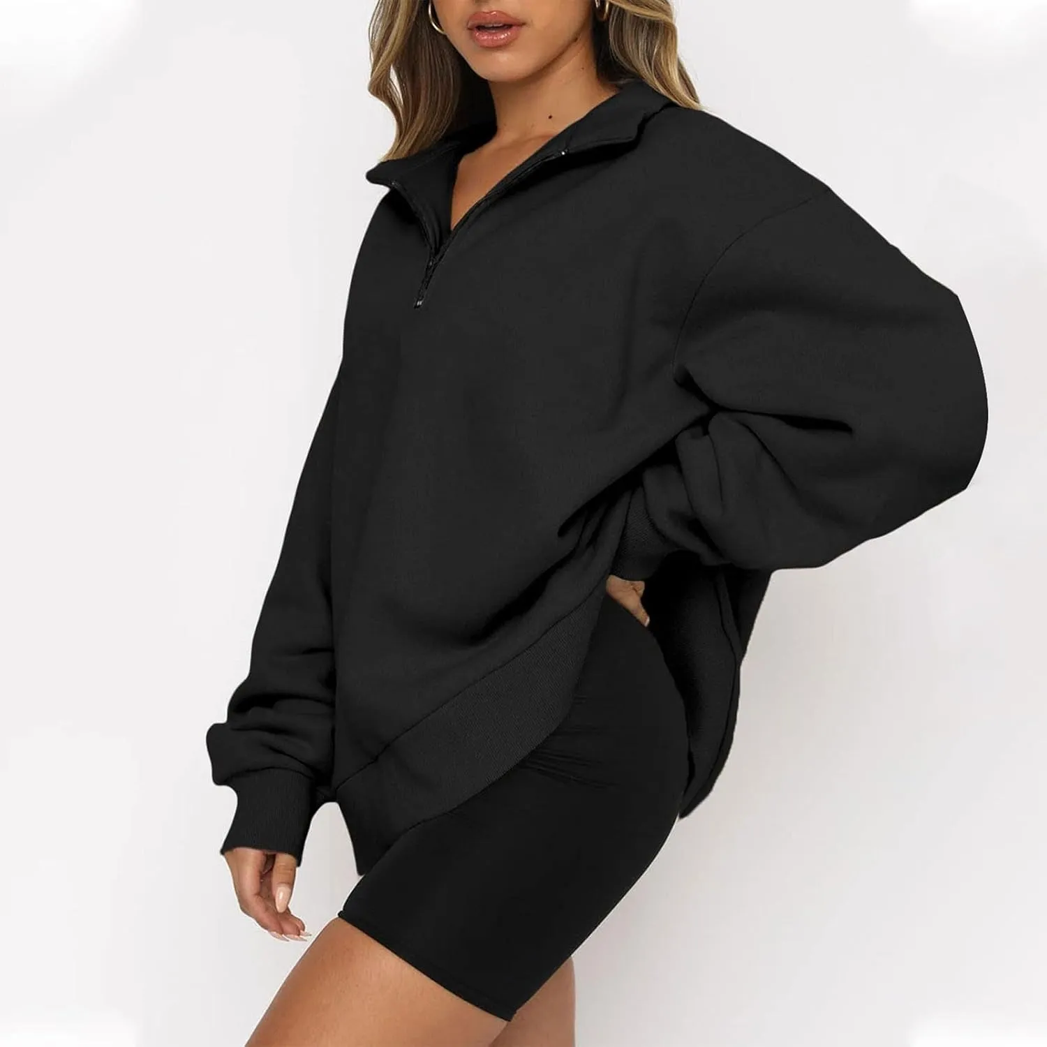 Quarter Zip Sweatshirt Women Oversized Zip Up Hoodie 1/4 Zip Fleece Pullover Long Sleeve Sweater Preppy Sweatshirts
