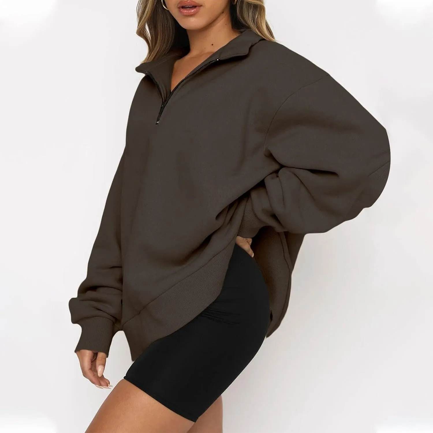 Quarter Zip Sweatshirt Women Oversized Zip Up Hoodie 1/4 Zip Fleece Pullover Long Sleeve Sweater Preppy Sweatshirts