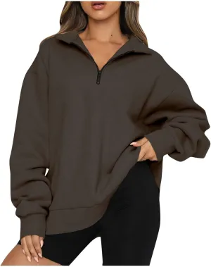 Quarter Zip Sweatshirt Women Oversized Zip Up Hoodie 1/4 Zip Fleece Pullover Long Sleeve Sweater Preppy Sweatshirts
