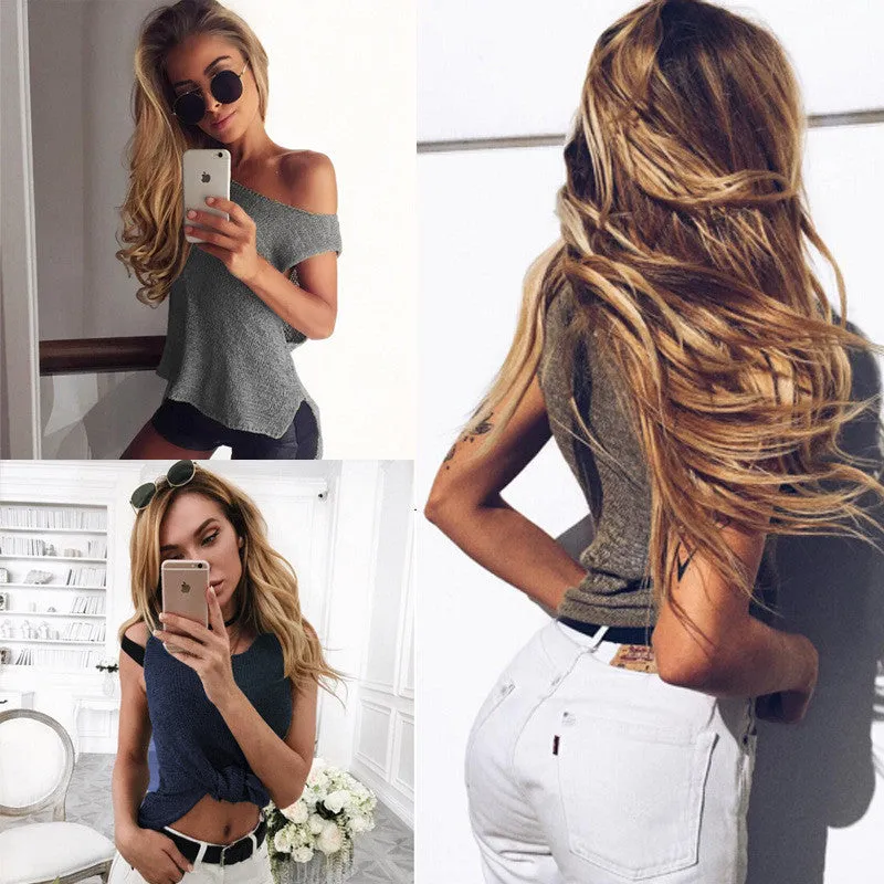 Sleeveless Scoop Irregular Short Pure Color Knit Vest