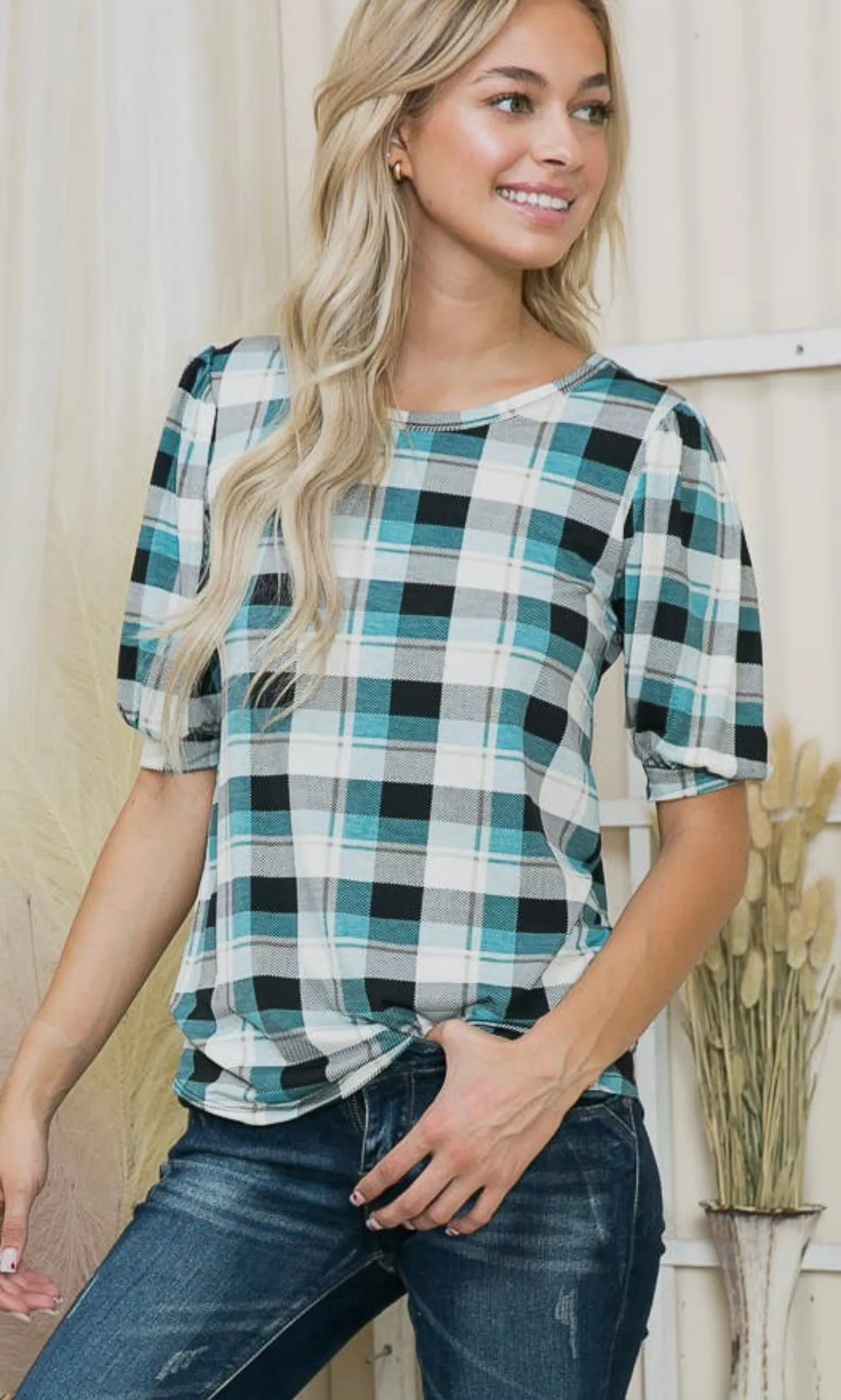 Stretch Knit Jersey Plaid Print Crew Neck With Puff Sleeves