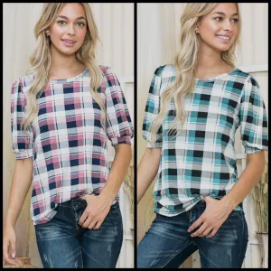 Stretch Knit Jersey Plaid Print Crew Neck With Puff Sleeves