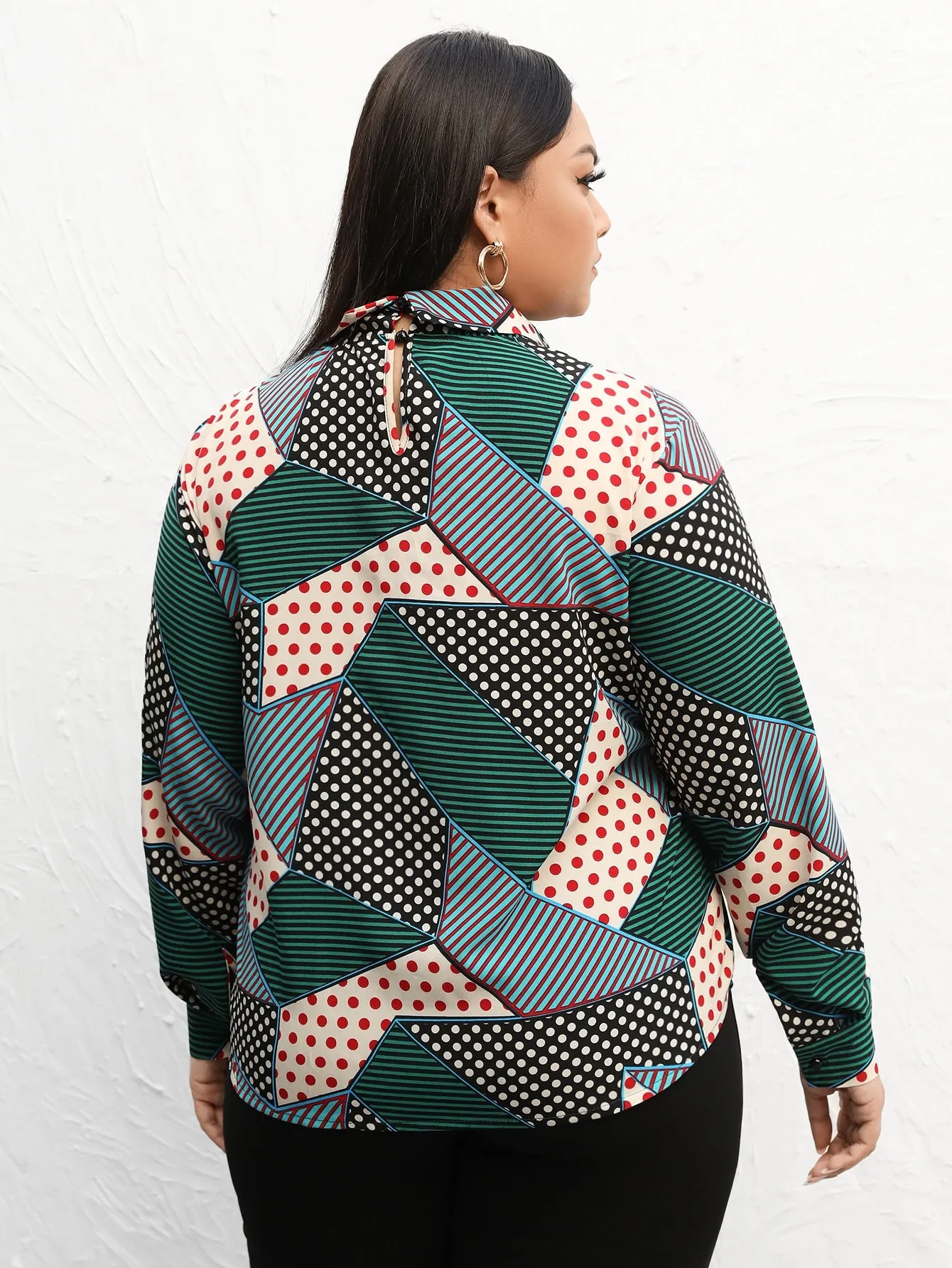 Striped Long Sleeve Tie Neck Regular Plus Size Blouse