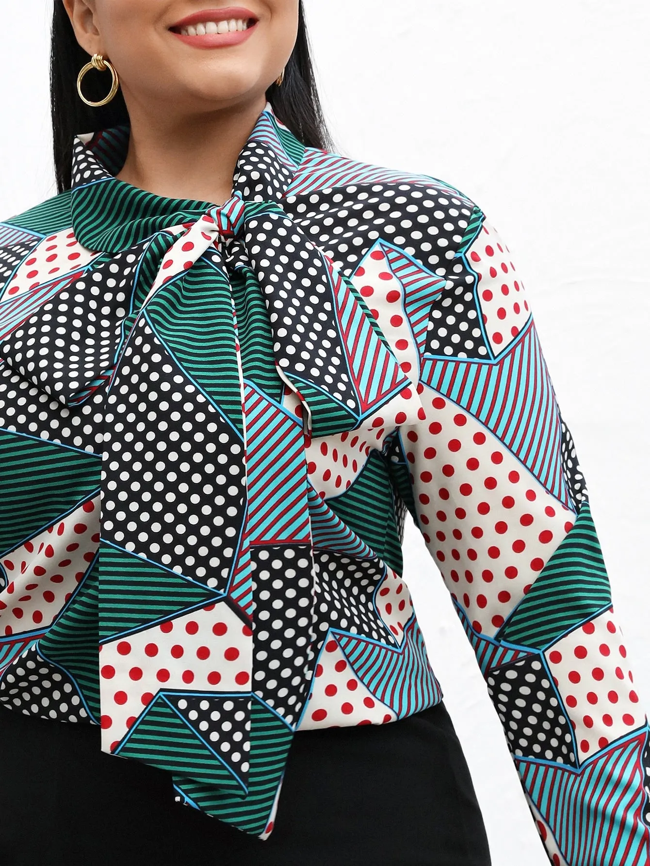 Striped Long Sleeve Tie Neck Regular Plus Size Blouse