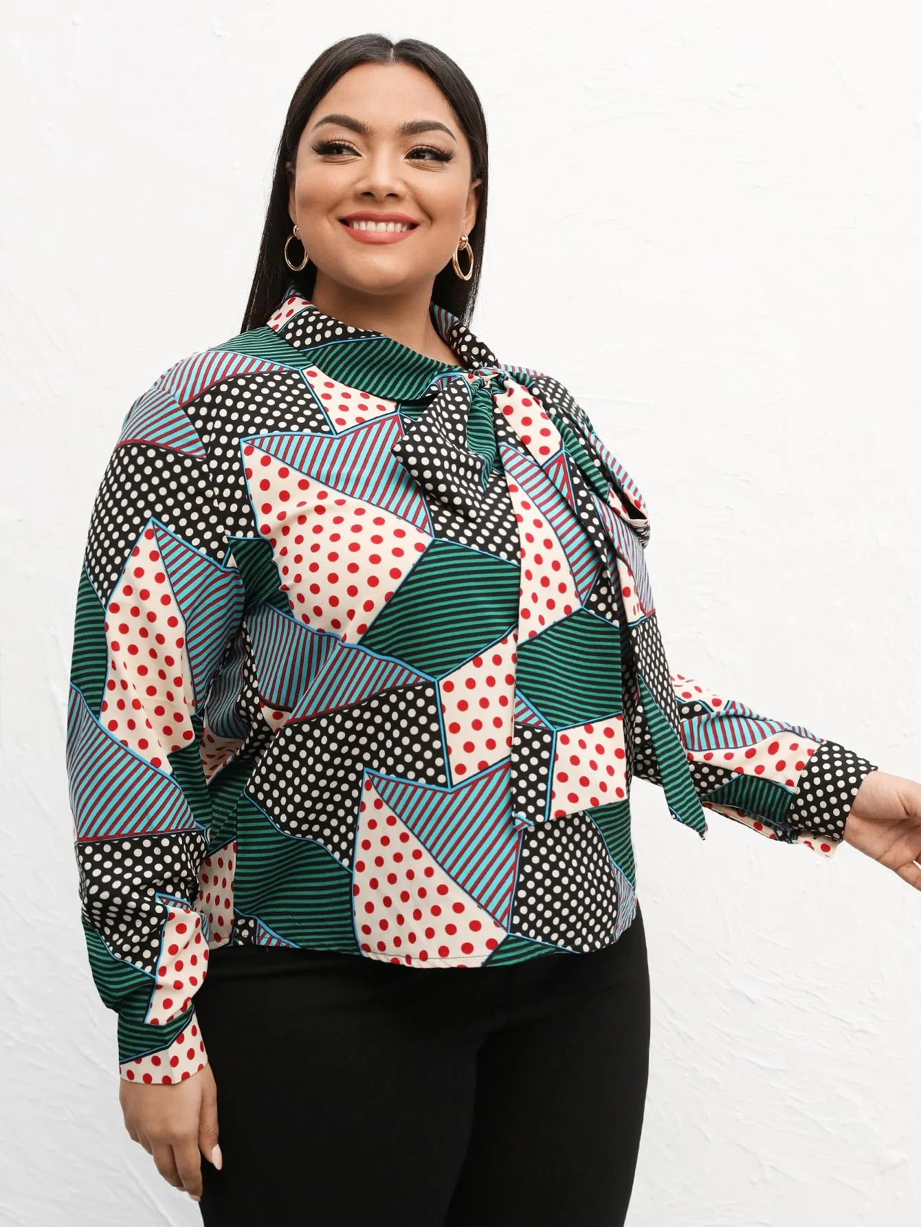 Striped Long Sleeve Tie Neck Regular Plus Size Blouse
