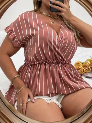 Striped Wrap Short Sleeve Deep V Neck Long Plus Size Blouse