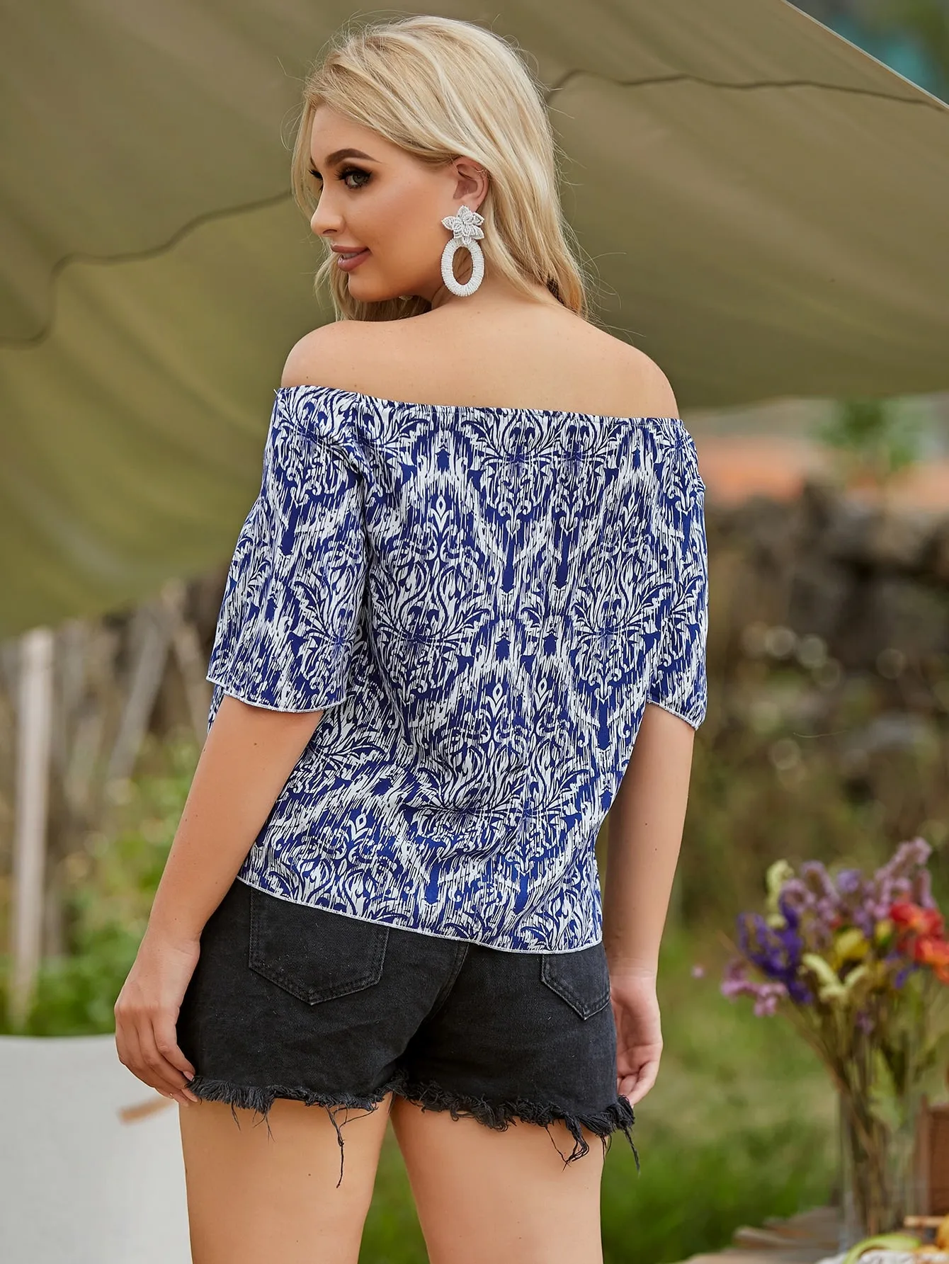 Tribal Knot Half Sleeve Off The Shoulder Regular Plus Size Blouse