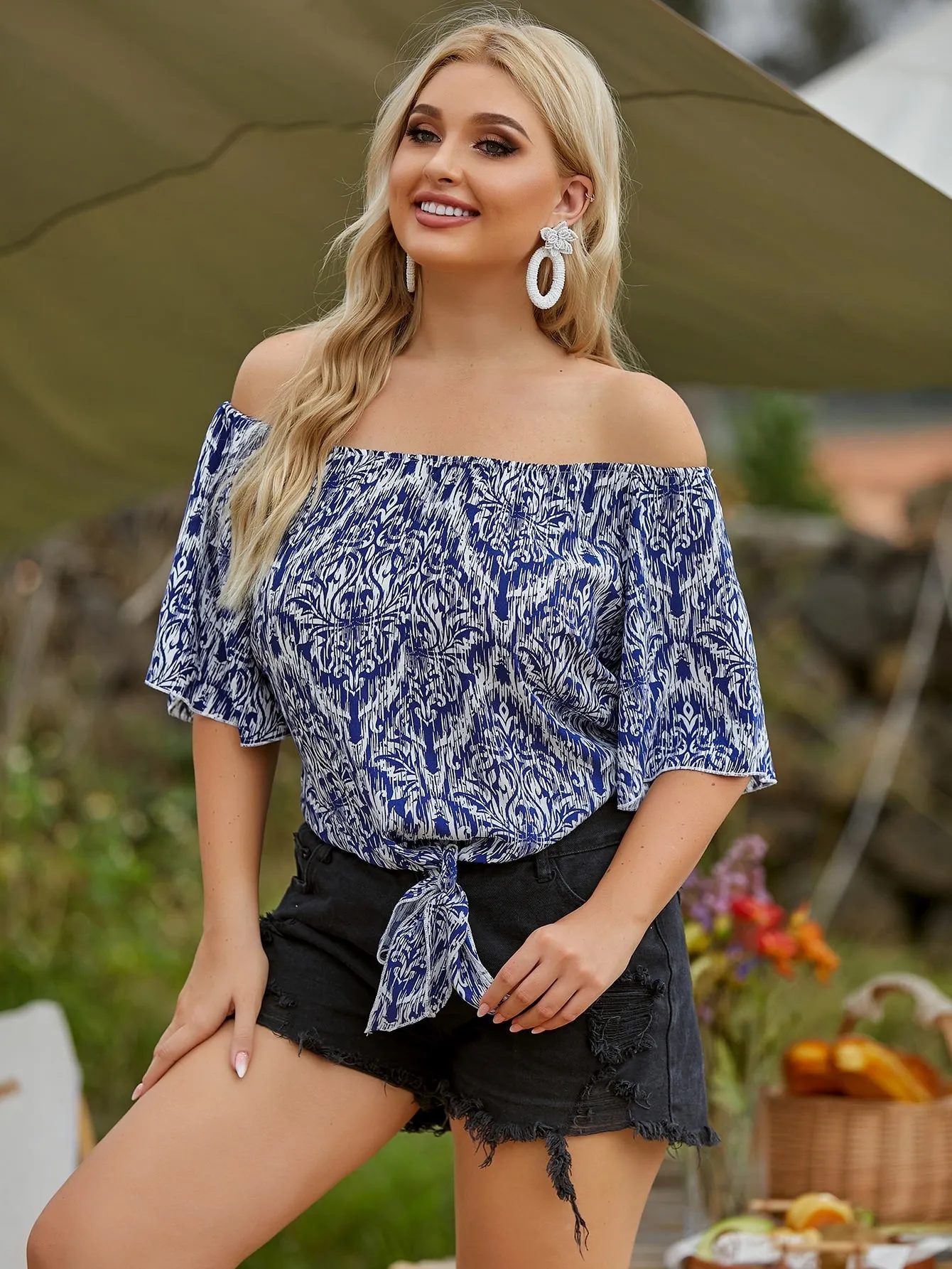 Tribal Knot Half Sleeve Off The Shoulder Regular Plus Size Blouse