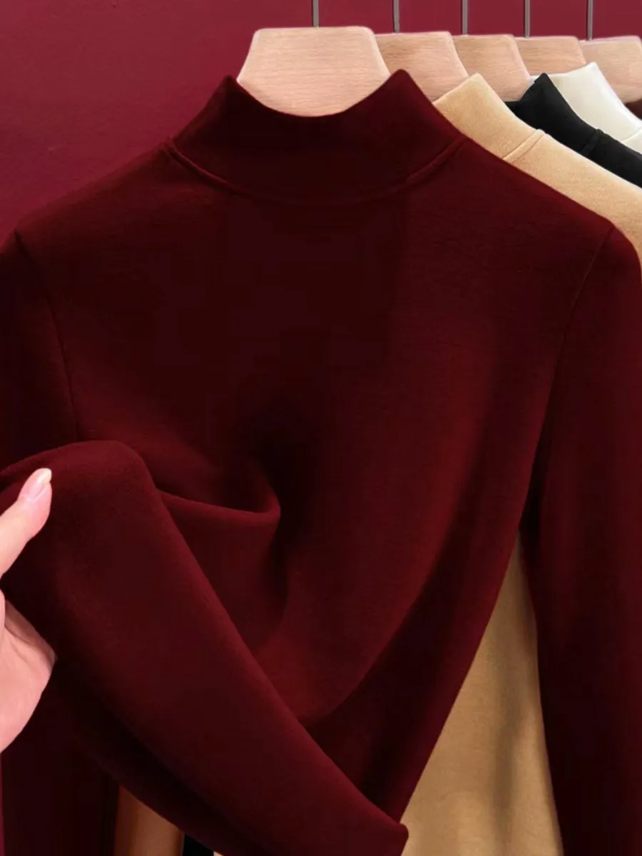 Women Autumn Casual Warm Fleece-lined Half Turtleneck Blouse